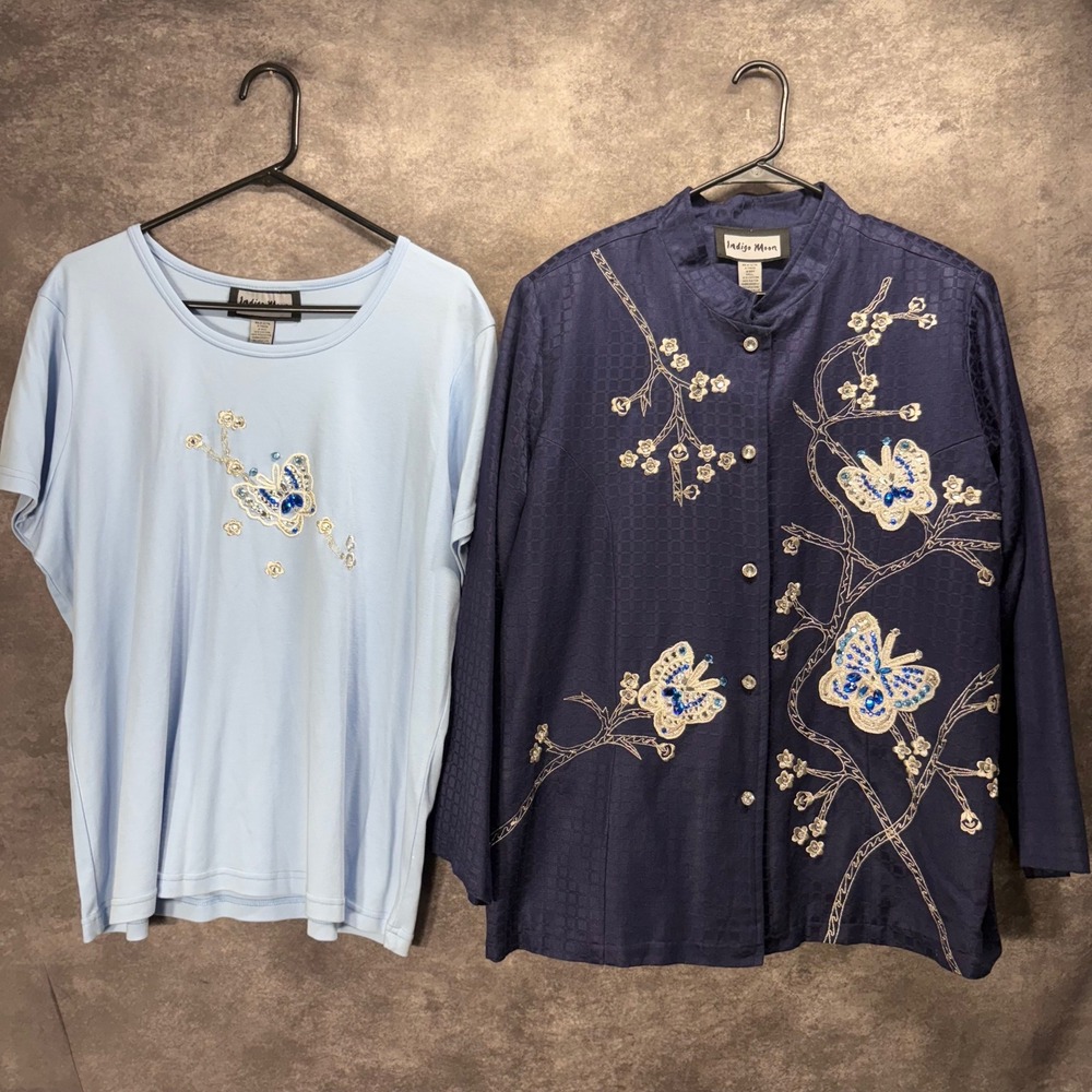 Indigo Moon Butterfly Embroidered Beaded Jacket T-Shirt Set Size 2X Blue Fairy